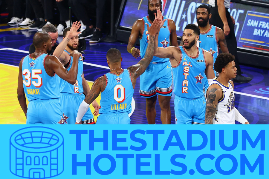 Basketball arena at night lit up for an All-Star style event