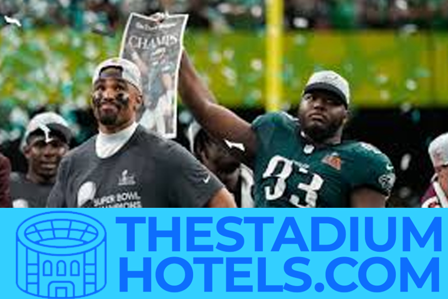 Super Bowl stadium with city skyline